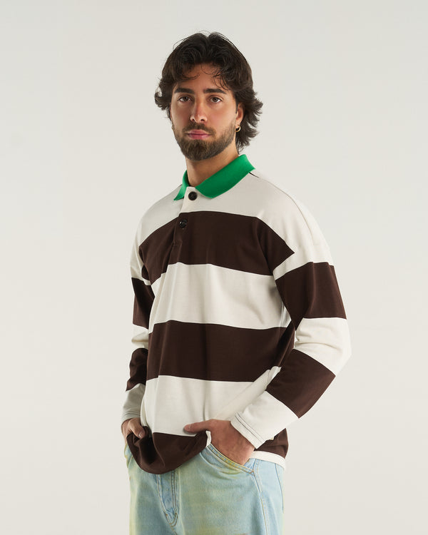 LONG-SLEEVED STRIPED POLO BROWN